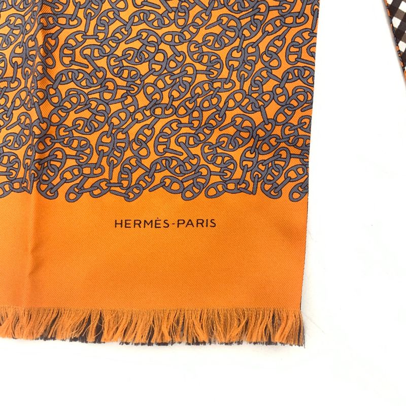 Grade Hermes Chaine D'ancre Scarf Reversible Chain Pattern Checkered Orange X