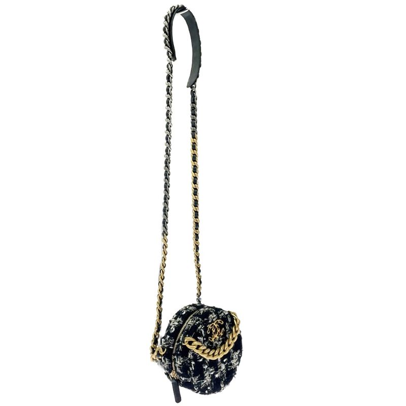 Chanel Tweed Coco Mark Round Chain Shoulder Bag Black 371294 Shoulder Bag