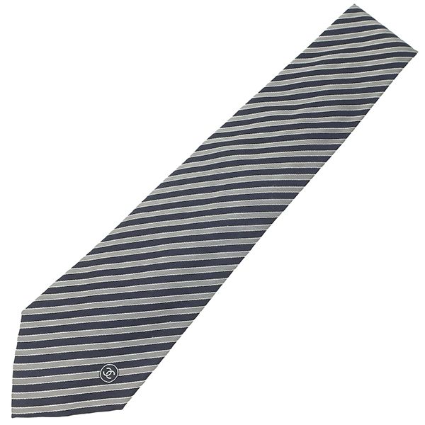 Chanel Necktie Striped 9.5cm (3.74in) Silk Gray and Navy Coco Mark