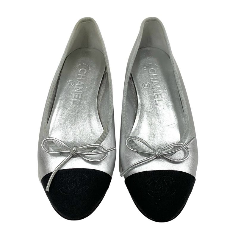 Chanel Flat Shoes Leather Fabric Silver Black Ballet Shoes Ballerina Coco Mark