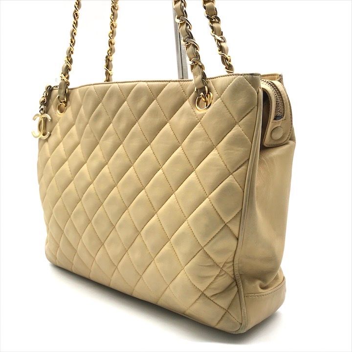 Chanel CC Logo Quilted Lambskin Chain Shoulder Bag Leather Beige