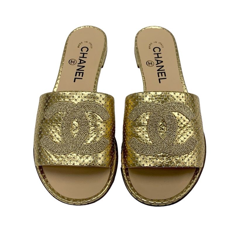 Chanel Sandals Shoes Leather Gold Flat Sandals Mules Coco Mark Punching