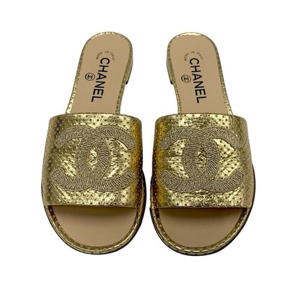 Chanel Sandals Shoes Leather Gold Flat Sandals Mules Coco Mark Punching