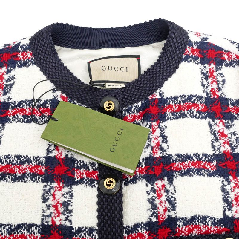 Gucci Tweed Jacket Size 40 White Navy Red 660820 Long Sleeve Women's
