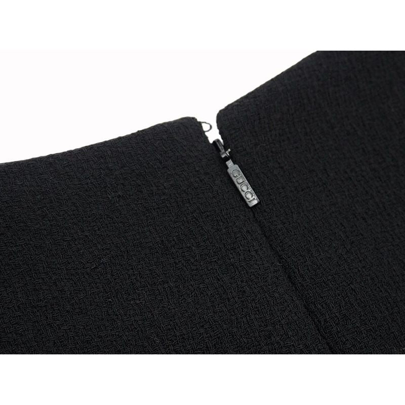 Gucci Wool Dress Short Sleeves Round Neck Slit Black Gold Tone GG Button #40