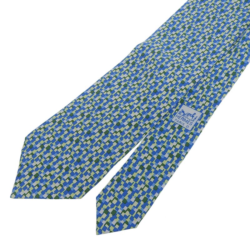 Hermes 5089 PA 100% Silk All-over Logo Print Tie Blue Green Multi Made In