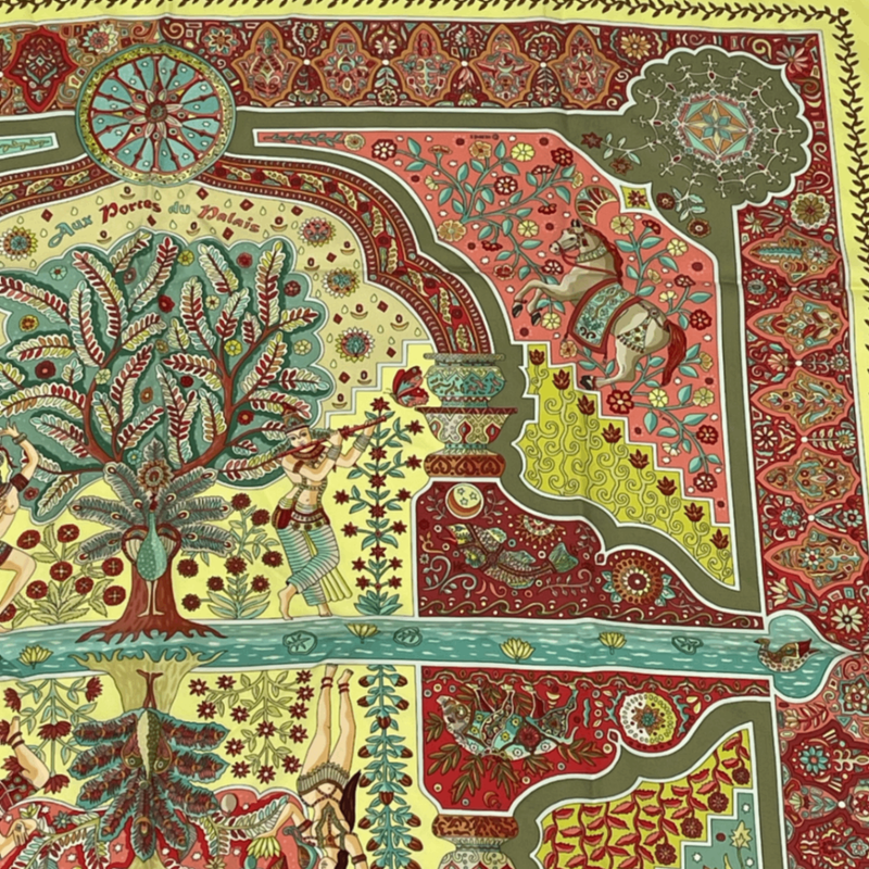 Hermes Carre 90 Silk Scarf Aux Portes Du Palais Royal Doors Green