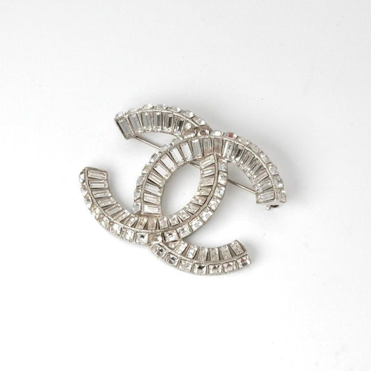 Chanel Brooch Corsage Silver Here Mark Rhinestone