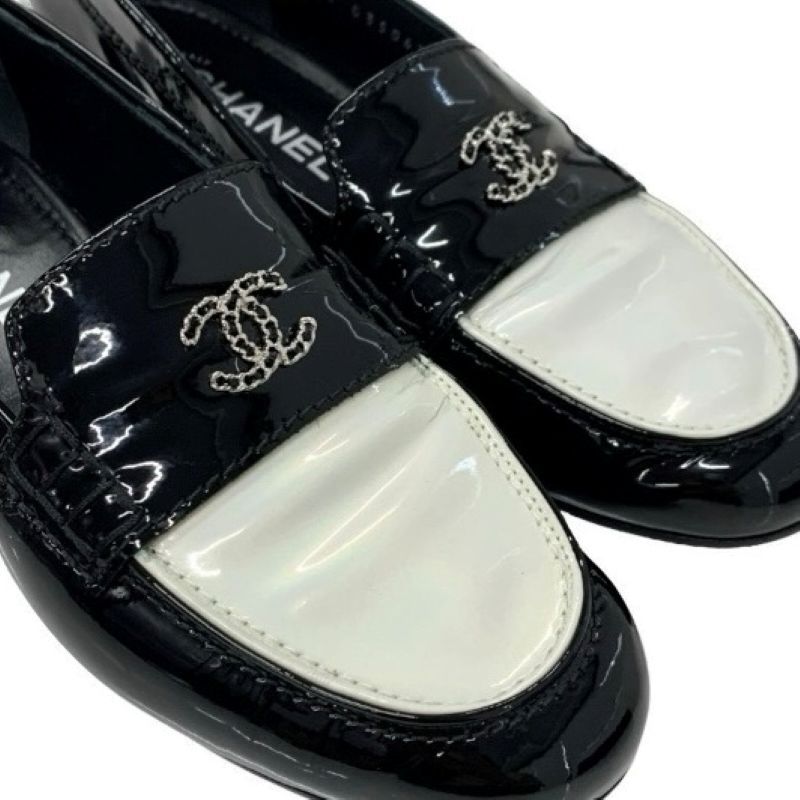Chanel Loafers Leather Shoes Patent Black White Silver Here Mark Chain Flat