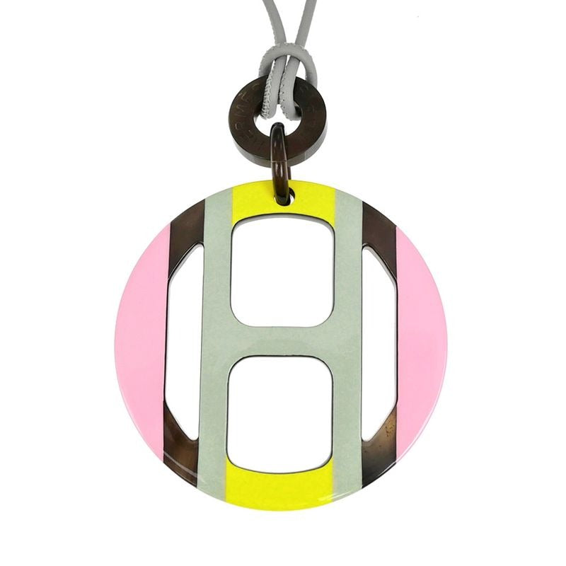 Hermes Necklace H Equipe Buffalo Horn Pink Gray Yellow Pendant