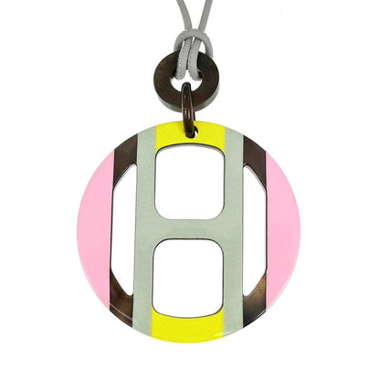 Hermes Necklace H Equipe Buffalo Horn Pink Gray Yellow Pendant
