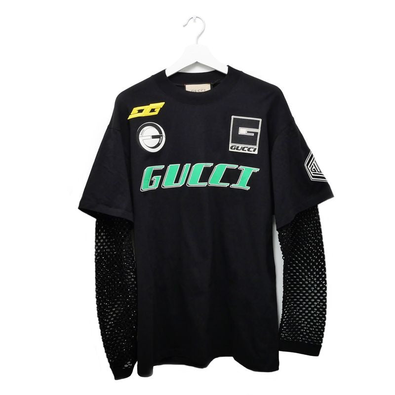 Gucci Layered Logo Long Sleeve T-Shirt M Size Black Patch Sequin