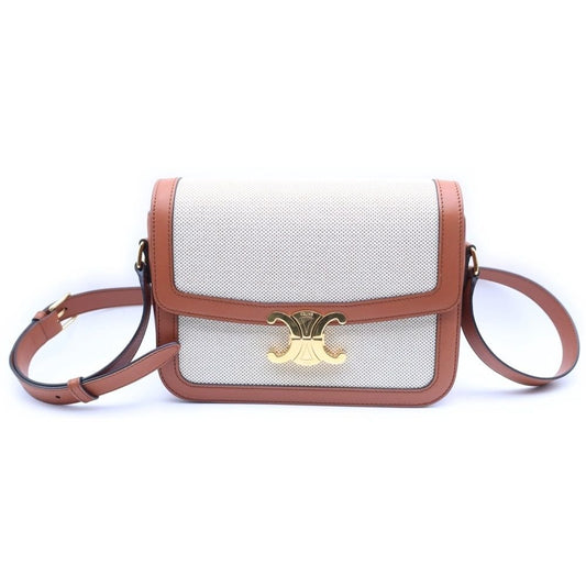 Celine Classic Triomphe Shoulder Bag Brown Beige Canvas Leather Gold