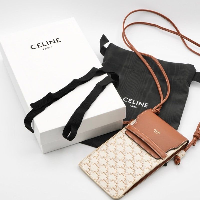 Celine Mobile Smartphone Accessories Leather Brown White Triomphe Logo Phone