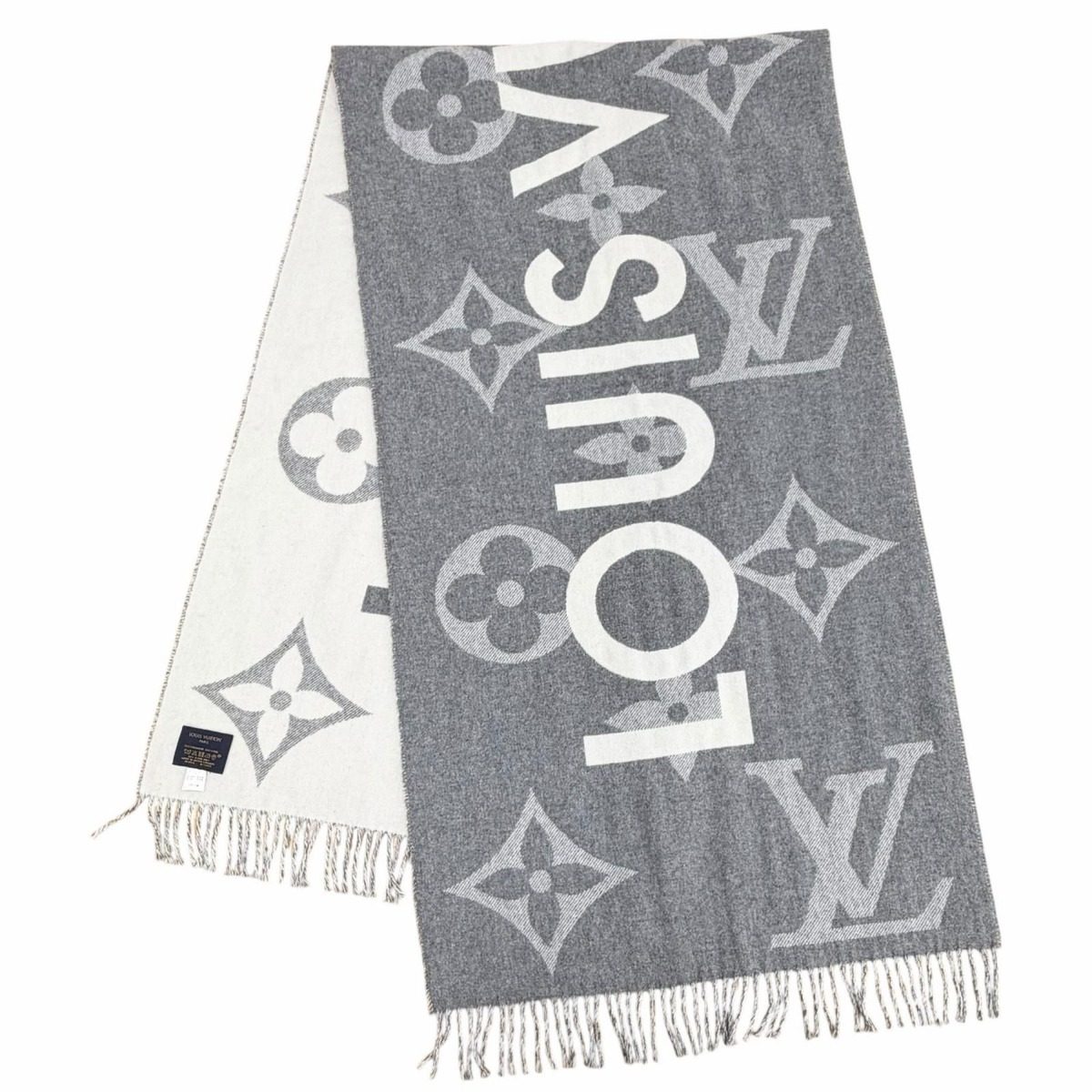 Louis Vuitton Echarpe Monogram Capital Cashmere Wool Scarf with Fringe Gray Off