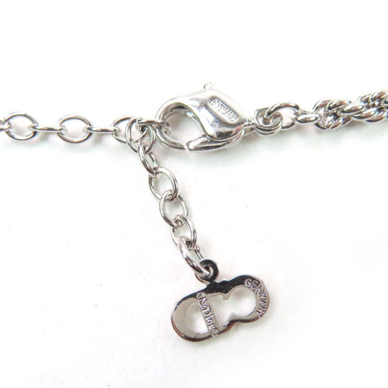 Christian DIOR Vintage Flower Design Pendant Necklace With Rhinestones Silver