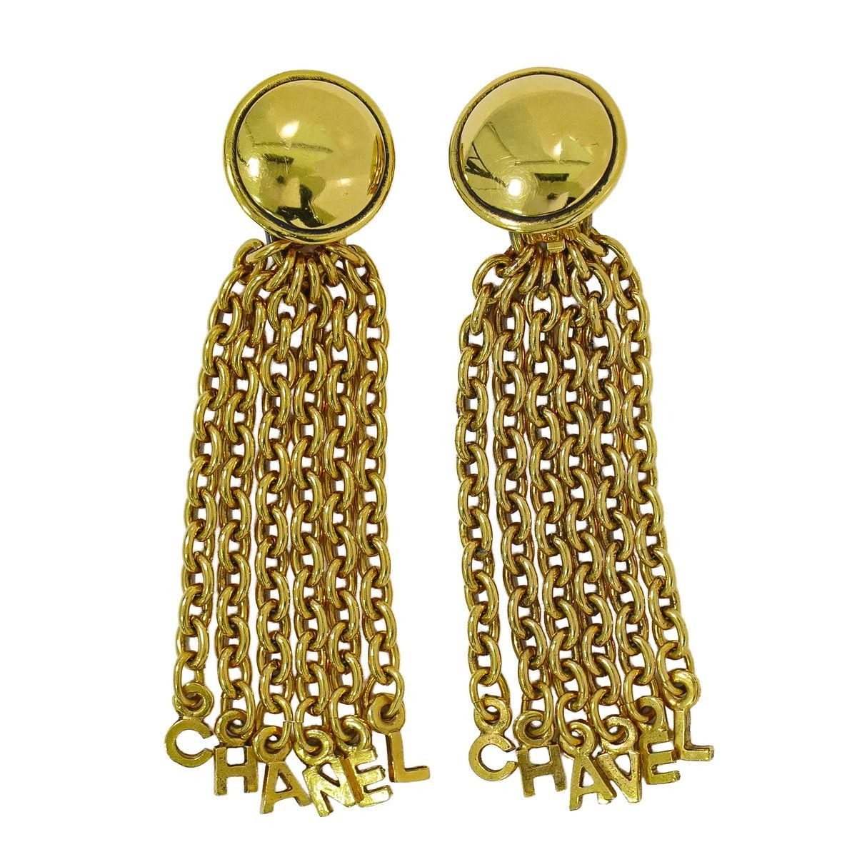 Chanel Logo Tassel Earrings Gold Plated