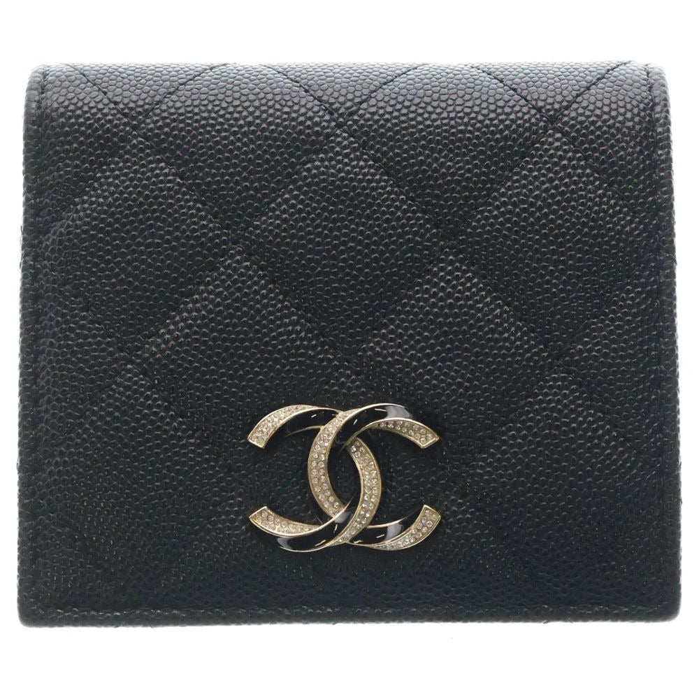 Chanel Quilted Bifold Wallet Card Case Compact Black Caviar Leather Gold
