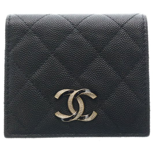 Chanel Quilted Bifold Wallet Card Case Compact Black Caviar Leather Gold