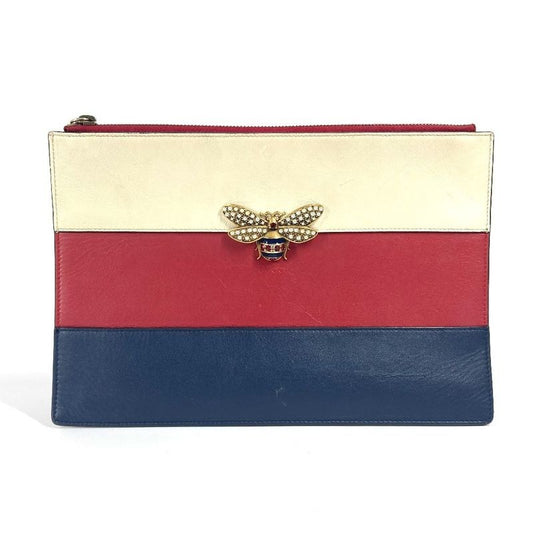 Gucci Clutch Bag Bee Striped Pearl Rhinestone Leather Red