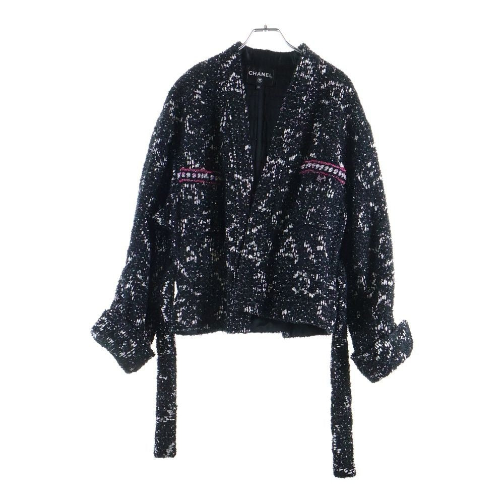 Chanel CC Logo Button Belt Tweed Sequin Jacket Black Silver