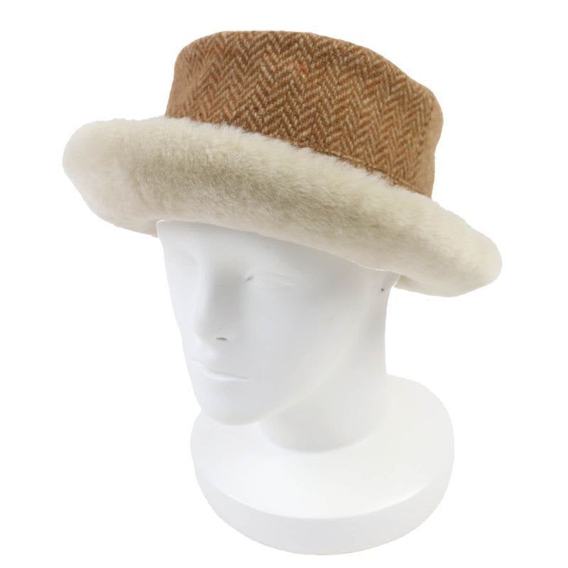 Hermes Herringbone Pattern Wool Cashmere Sheepskin Shearling Hat Brown 57 Box