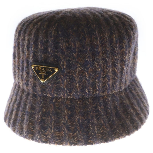 Prada Triangle Logo Melange Knit Bucket Hat Brown