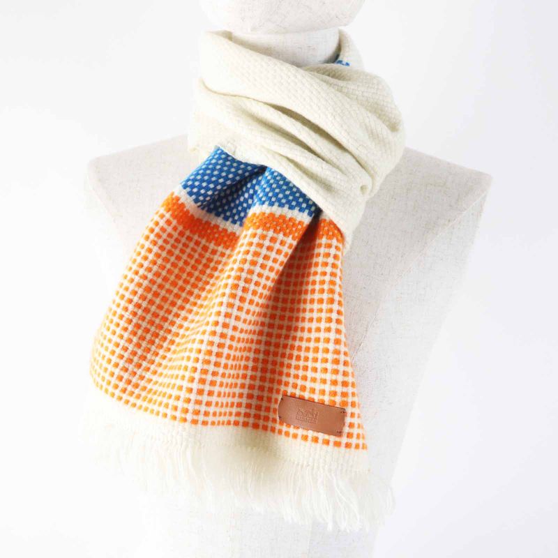 Hermes 100% Cashmere Lamb Leather Tagged Fringed Scarf Orange White Blue With
