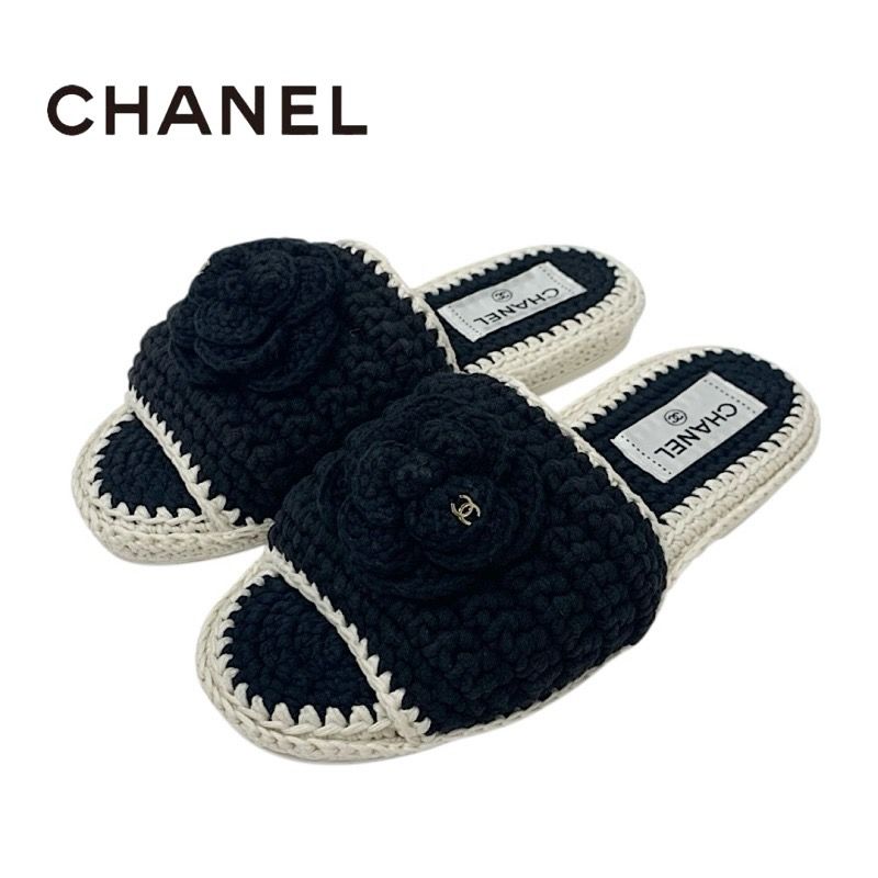 Chanel Sandals Shoes Fabric Black White Coco Mark Camellia Knit Flat Mule
