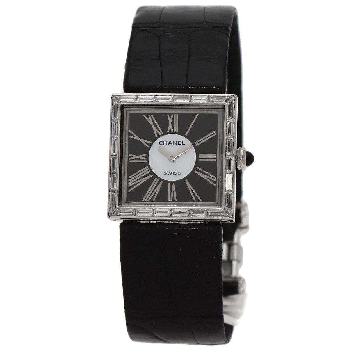 Chanel Mademoiselle Diamond Bezel Watch 18K White Gold Leather