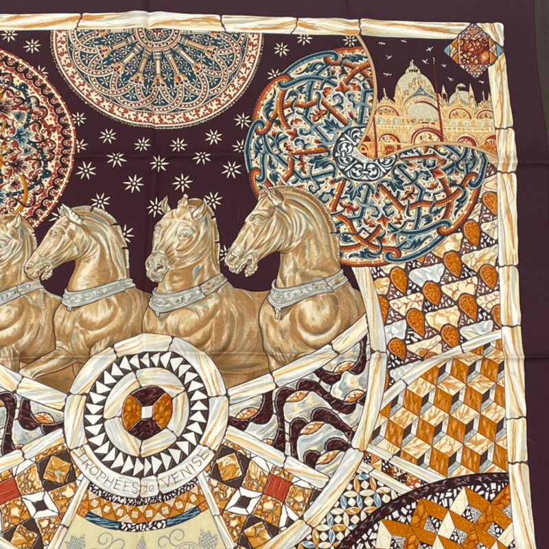 Hermes Carre 90 Victory Of Venice Trophees De Venise Scarf Silk Brown Horse