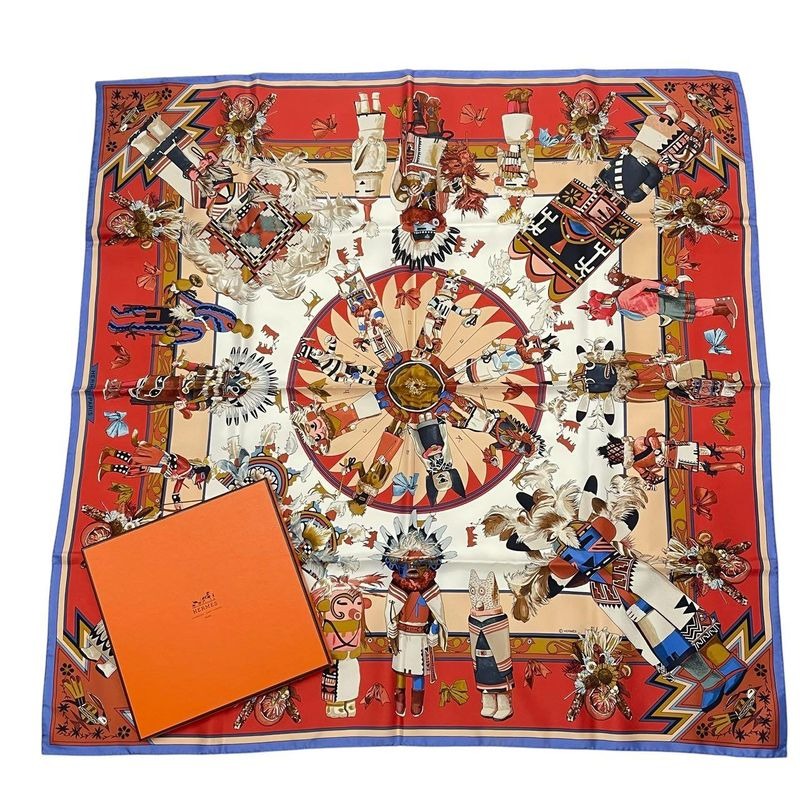 Hermes Scarf Silk Carre 90 Kachinas Ethnic Red Box
