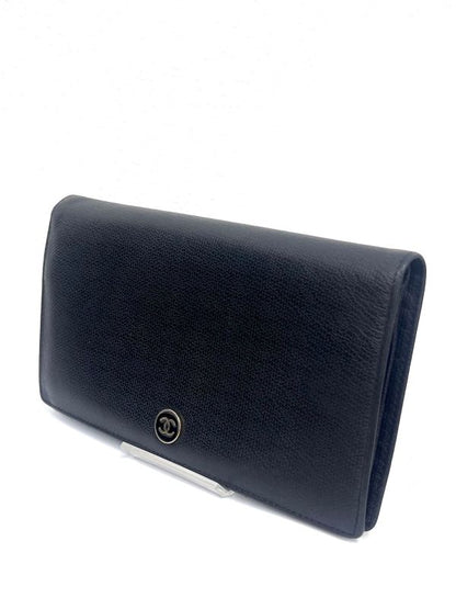 Chanel Long Wallet Coco Button Bifold Wallet Black Leather 60bs190