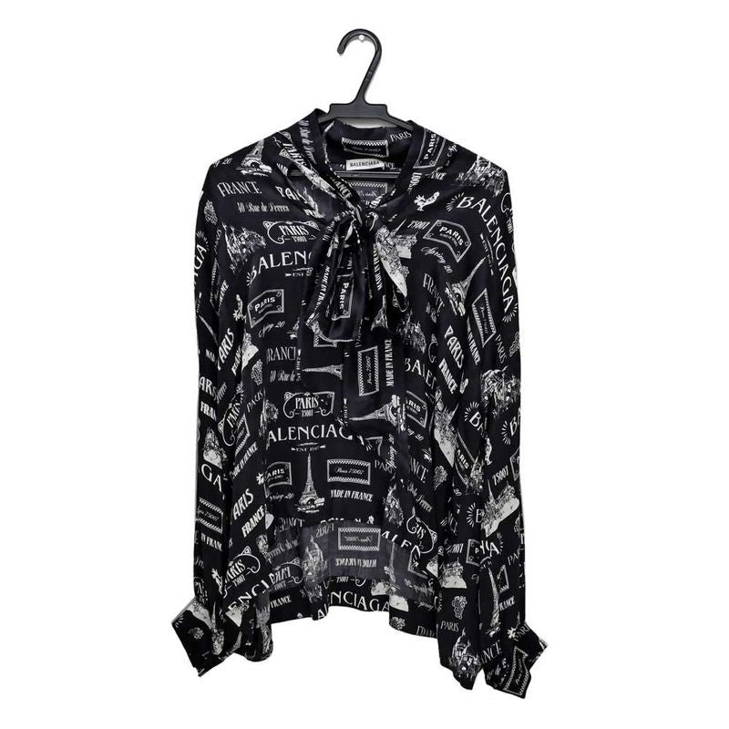 Balenciaga Blouse All Over Pattern 34 Sizes Black White Silk Long