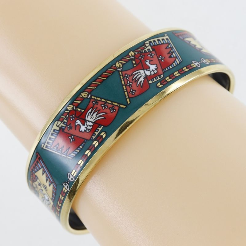 Hermes Emile GM Flag & Bird Cloisonne Gold Plated Green Ladies 35g Bangle