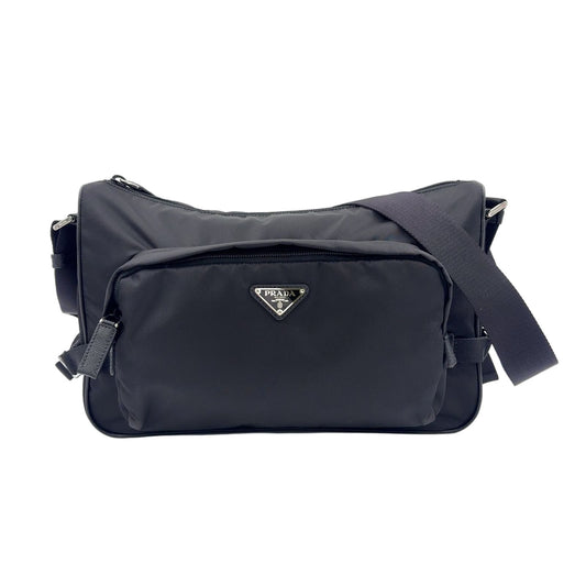 Prada Re-Nylon Saffiano Leather Nylon Black Shoulder Bag Silver