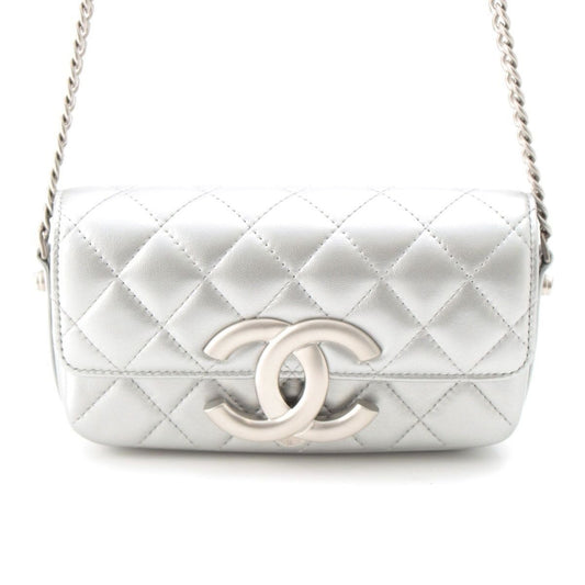Chanel Leather Quilted Big CC Logo Chain Shoulder Bag Silver