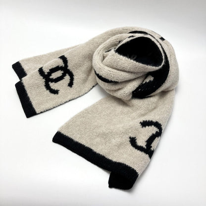 Chanel Logo Camellia Muffler Beige X Black Wool/cashmere/silk Stole