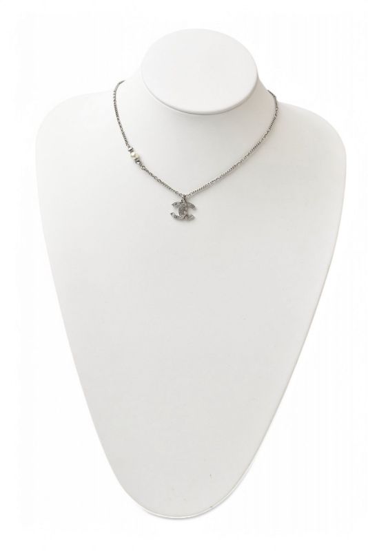 Chanel Necklace Pendant 2way Chanel Coco Mark CC Rhinestone Pearl Motif Silver