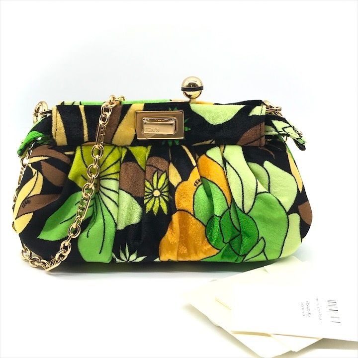 Fendi Items Peekaboo Click Velvet 2-Way Chain Shoulder Bag Green