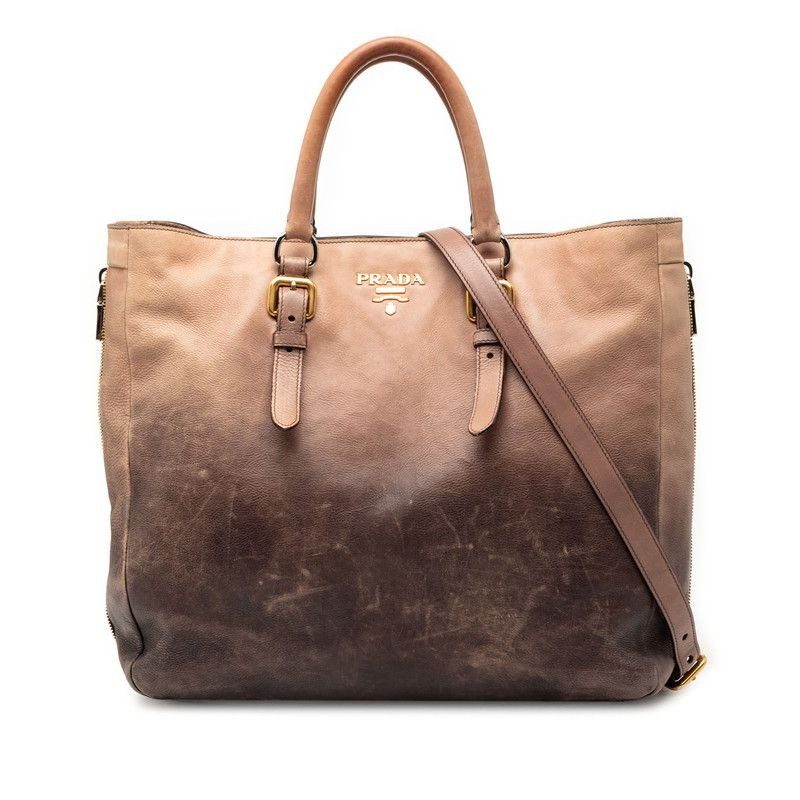 Prada Glace Zippers Tote Shoulder Bag 2-Way Beige Gray Leather