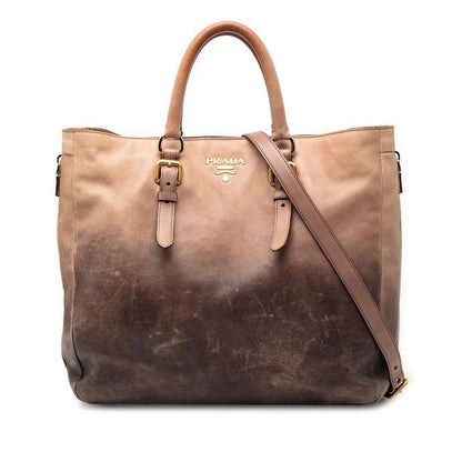 Prada Glace Zippers Tote Shoulder Bag 2-Way Beige Gray Leather