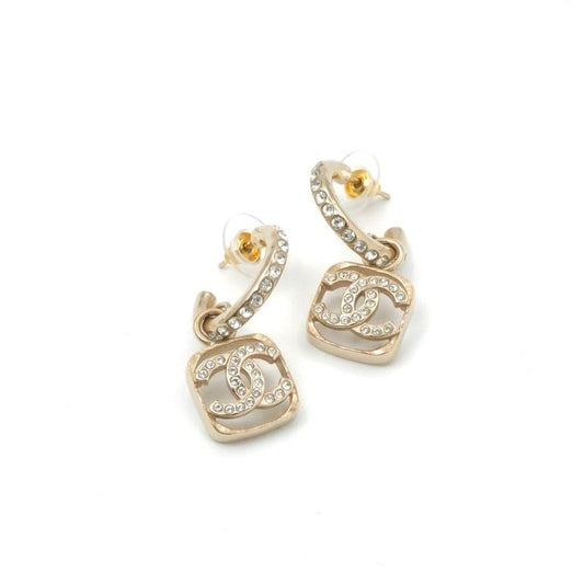 Chanel Earrings Gold Coco Mark Half Hoop Rhinestone