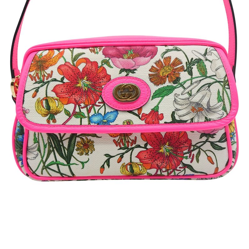 Gucci Flora Shoulder Bag Crossbody Pink Canvas With Floral Pattern