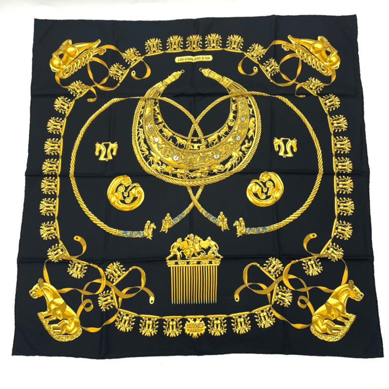 Hermes Carre 90 LES Cavaliers D'OR Golden Knight Scarf Silk Gold And Black