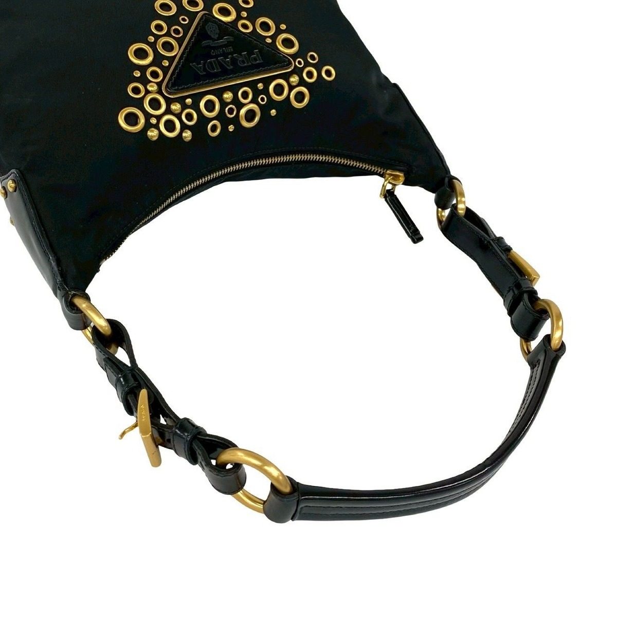 Prada Triangle Logo Nylon Patent Studs Shoulder Bag Black — view 4