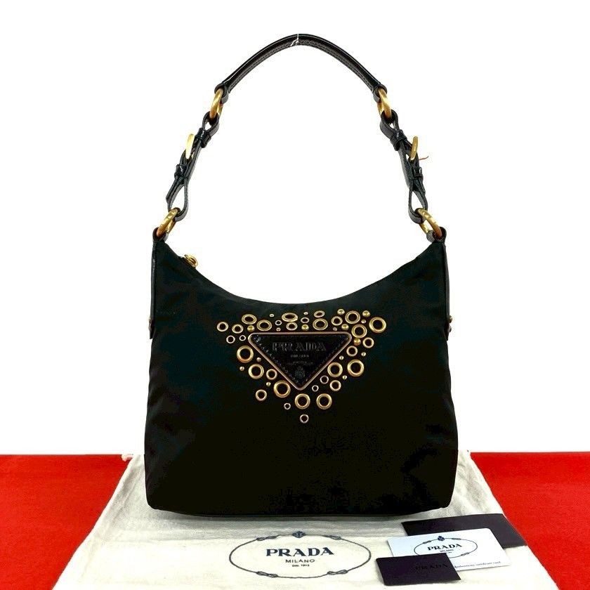 Prada Triangle Logo Nylon Patent Studs Shoulder Bag Black