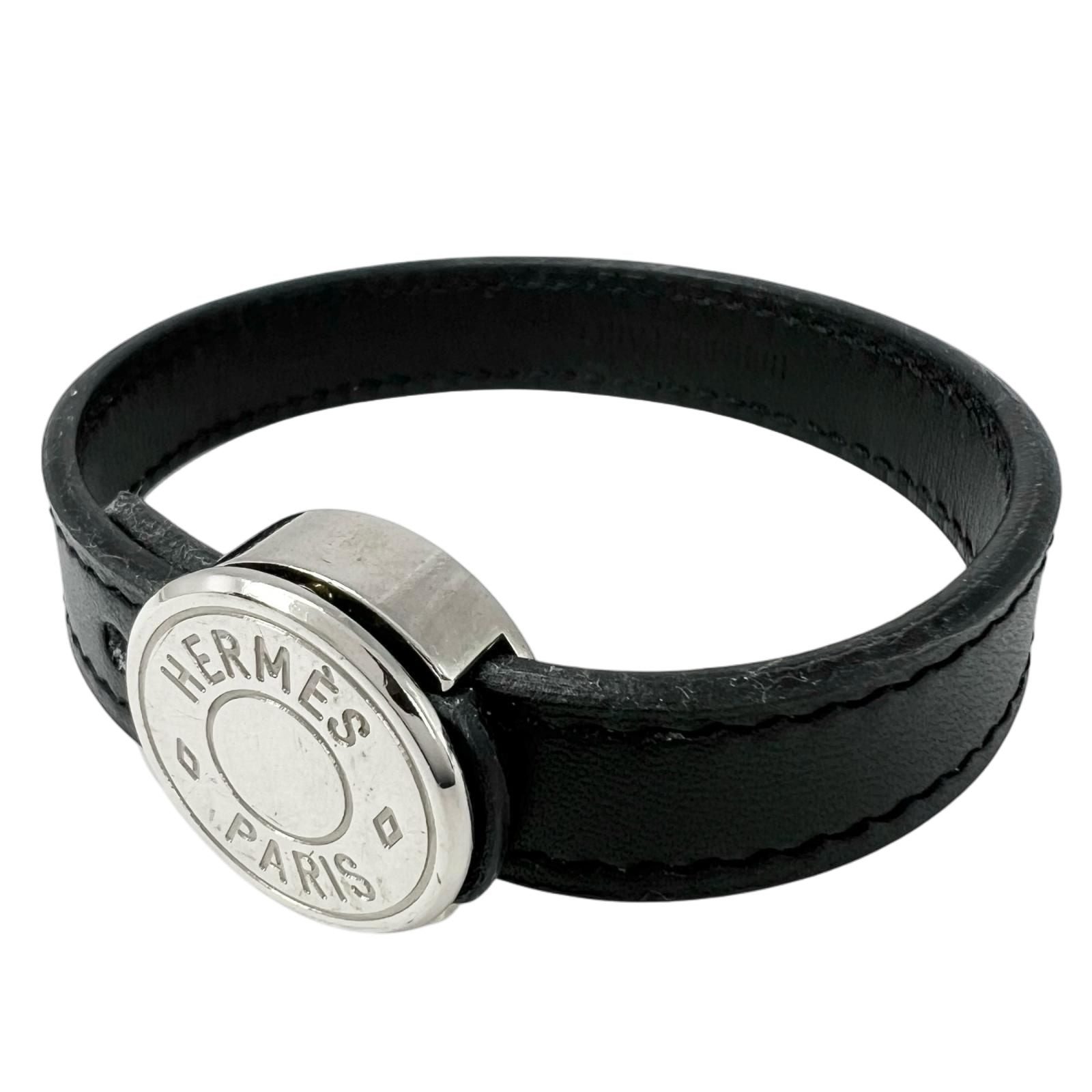 Hermes Series Looping Leather Black White Bracelet Silver