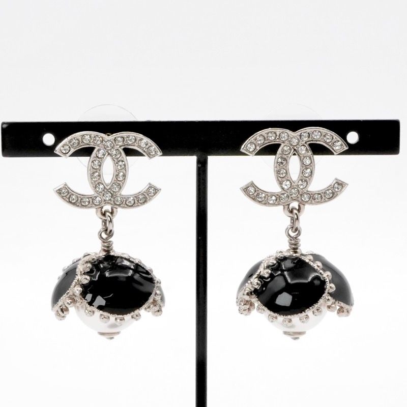 Chanel Earrings Earring Silver Black Coco Mark Rhinestone Flower