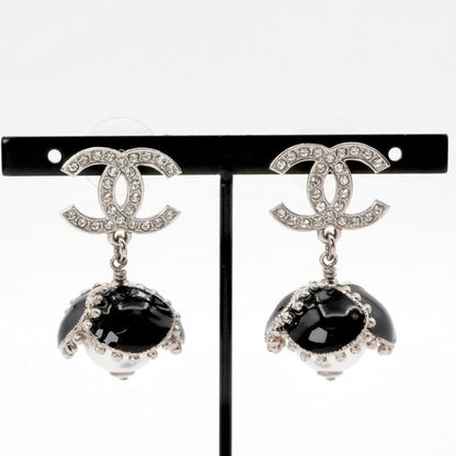 Chanel Earrings Earring Silver Black Coco Mark Rhinestone Flower